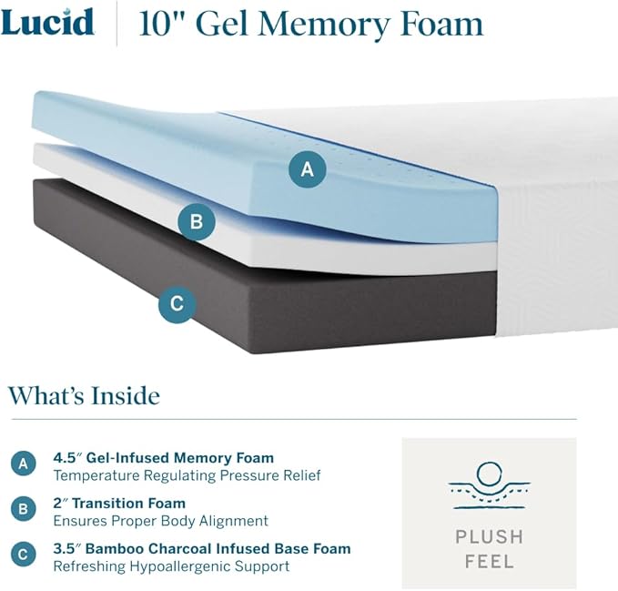 LUCID 10 Inch Memory Foam Mattress - Plush Feel - Infused with Bamboo Charcoal and Gel - Bed in a Box - Temperature Regulating - Pressure Relief - Breathable - Full Size - LeafyLoom