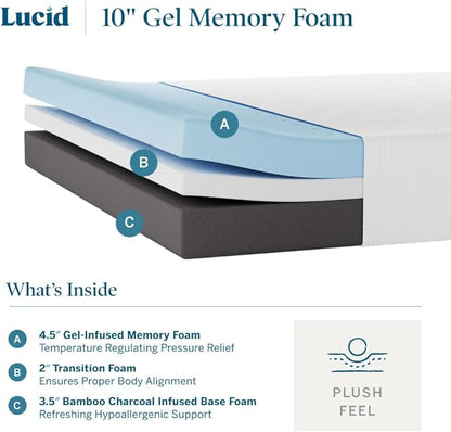 LUCID 10 Inch Memory Foam Mattress - Plush Feel - Infused with Bamboo Charcoal and Gel - Bed in a Box - Temperature Regulating - Pressure Relief - Breathable - Twin Size - LeafyLoom