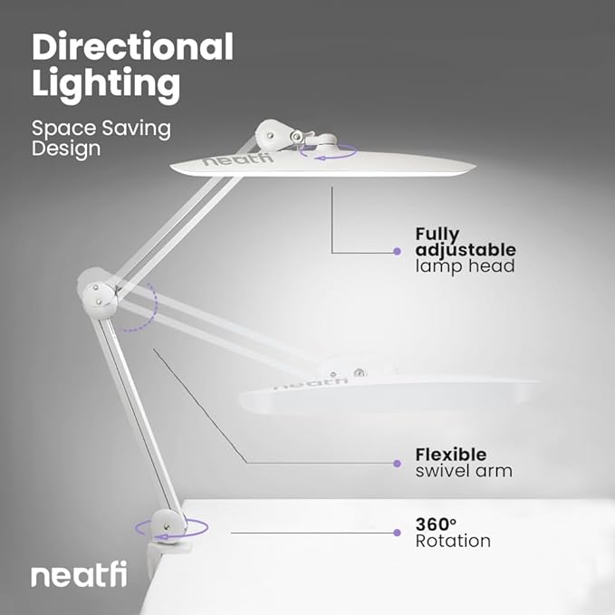 Neatfi XL 2,200 Lumens LED Task Lamp, 24W Super Bright Desk Lamp, 117 Pcs SMD LED, 4 Level Brightness, Dimmable, Task LED Light for Home, Office, Workbench (Non-CCT, White) - LeafyLoom