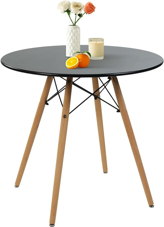 FurnitureR 31.5 Inch Modern Round Dining Table with Wooden Legs for Home Kitchen Living Room Corner Small Spaces Leisure, Black - LeafyLoom