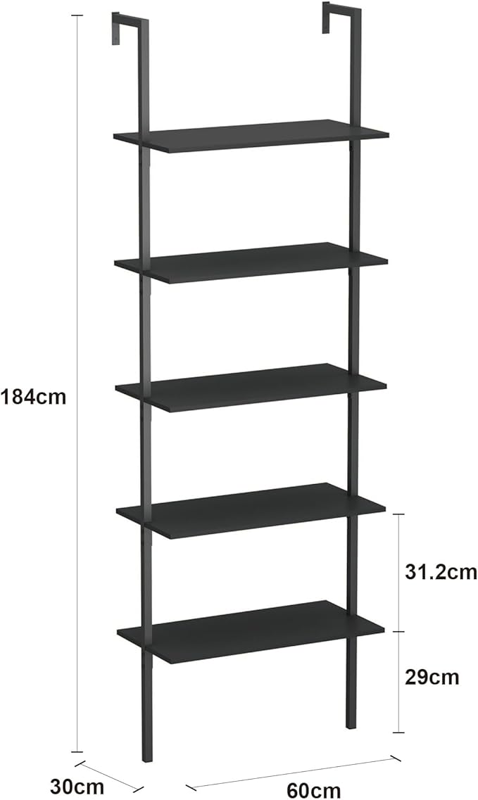 Panana Industrial 5 Tier Ladder Shelf, Open Space Book Shelf Wall Mount Bookshelf with Metal Frame Sturdy Bookcase for Living Room (Black, 5 Tier) - LeafyLoom