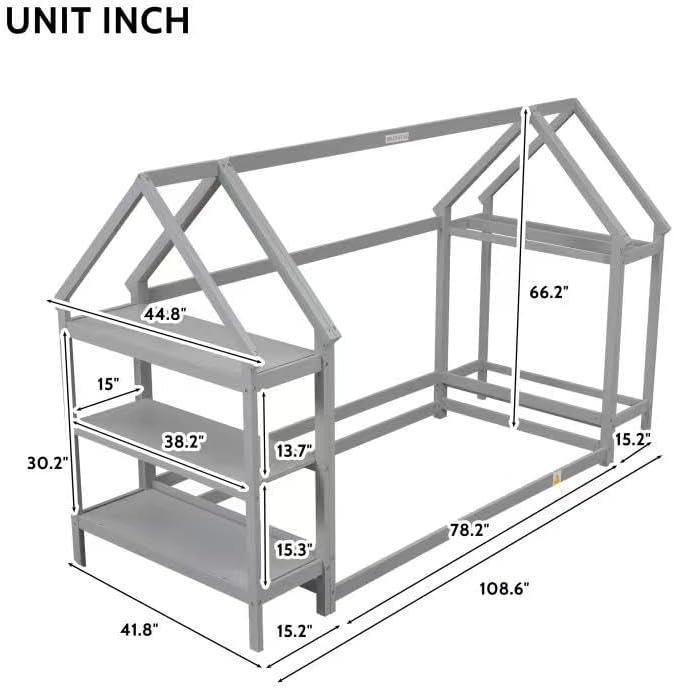 Twin Size Wood House Bed,Wood Platform Bed with Storage Shelves and Hanger,Floor Twin Size Montessori Bed Frame, Kids Boys Girls Bedroom,Living Room,No Box Spring Required,Grey - LeafyLoom