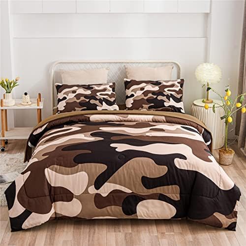 Meeting Story Camouflage Bedding Set, Colorful Pattern Style Comforter Set, 5 PCS One Comforter Two Pillowcases Two Sheets in One Bag, All Season Bedspread for Teens Adults (Coffee, Queen 5Pcs - LeafyLoom