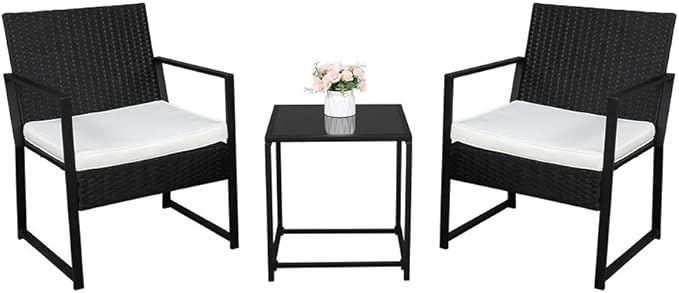 Outvita 3PCS Rattan Conversation Set, Outdoor Wicker Furniture Bistro Set 2 Chairs and Glass Top Table for Small Balcony Backyard Patio(Black) - LeafyLoom