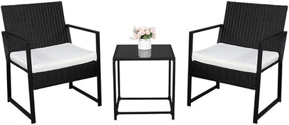 Outvita 3PCS Rattan Conversation Set, Outdoor Wicker Furniture Bistro Set 2 Chairs and Glass Top Table for Small Balcony Backyard Patio(Black) - LeafyLoom