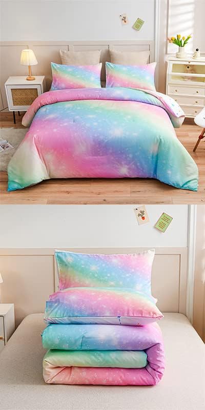 Holawakaka Girls Ombre Glitter Comforter Set, Full Size Gradient Rainbow Galaxy Print Kids Bedding Sets, Multi-color Ultra-soft Dorm Bed Set (Pink Green, Full) - LeafyLoom