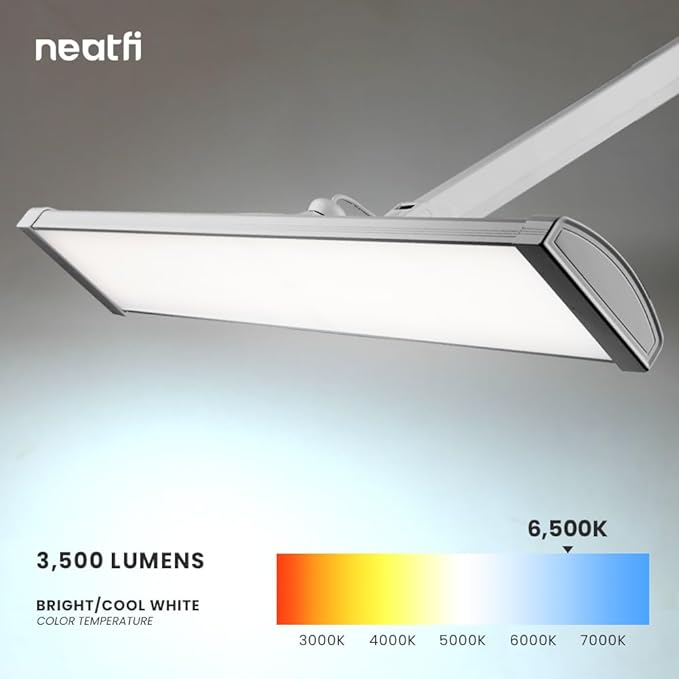 Neatfi Ultra 3,500 Lumen LED Desk Lamp, 45W, 26-Inch Wide Metal Shade, 270 SMD LEDs (Non-CCT with Clamp, Silver) - LeafyLoom