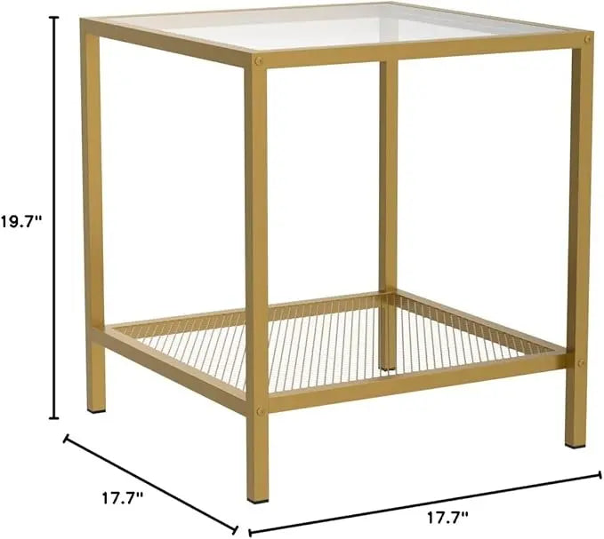 SAYGOER Glass Side Table Small Gold End Table for Small Spaces 2-Tier Square Night Stand with Storage Modern Bed Side Table with Gold Frame for Bedroom Living Room, Easy Assembly - LeafyLoom