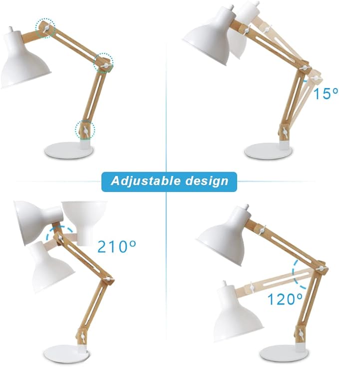 DINGLILIGHTING DLLT Swing Arm Desk Lamp, Wood Adjustable Gooseneck Table Lamp, Modern Architect Desk Light, Reading Light for Work, Study, Bedroom, Home Office, White Metal Shade, E26 Bulb Included - LeafyLoom