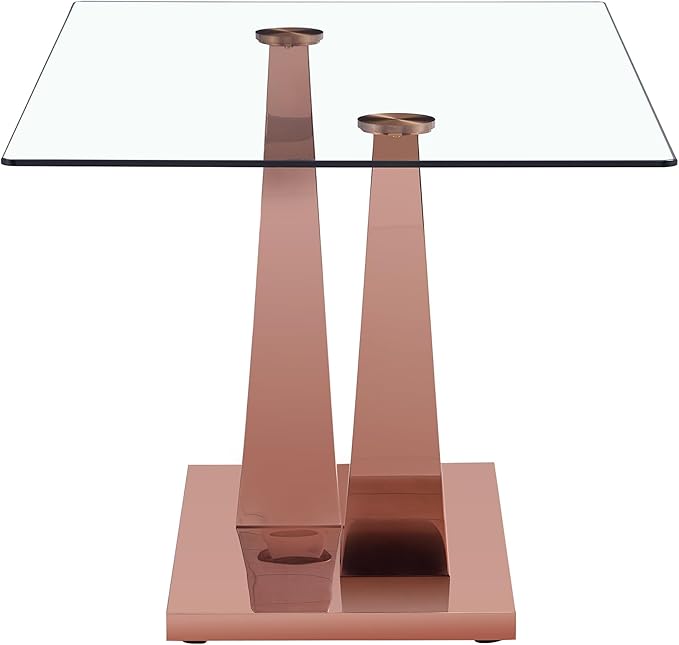 Modern Glass Table with Rectangular Tempered Tabletop,Dinner Desk Set for 4-8 People W, Home,Kitchen,Dining Room,Office,Rose Gold+Clear Finish, 63" U-Shape Pedestal Base - LeafyLoom