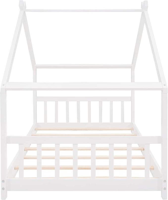 Montessori Floor Bed Frame Twin Size, Twin Floor Bed Frame with Headboard, Footboard and Slats, Wood Montessori Bed Frame/Montessori House Bed for Kids, Girls, Boys(White) - LeafyLoom