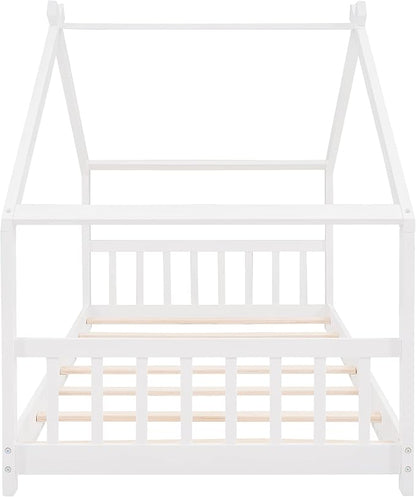 Montessori Floor Bed Frame Twin Size, Twin Floor Bed Frame with Headboard, Footboard and Slats, Wood Montessori Bed Frame/Montessori House Bed for Kids, Girls, Boys(White) - LeafyLoom