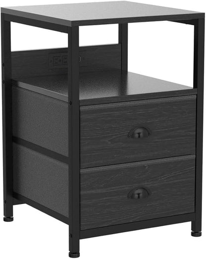 Furologee Nightstand Set of 2, Black Oak, with Charging Station and USB Ports, Side Tables with 2 Fabric Drawers, Bedside Tables with Storage Shelf & Hooks, for Living Room/Bedroom - LeafyLoom