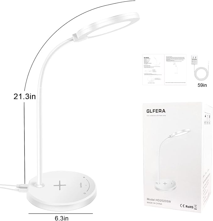 Desk Lamp, LED Desk lamp with USB Charging Port, 5 Lighting Modes 10 Brightness Levels, Sensitive Control Eye-Caring Office Lamp White - LeafyLoom