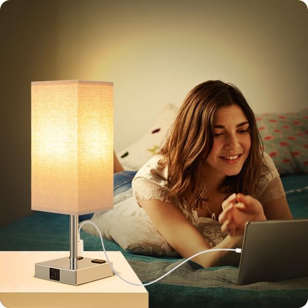 aooshine Beige Set of 2 Touch Lamp with USB Port-Nightstand Lamp with USB-C+A Charge Ports& AC Outlets, 3-Way Dimmable Bedside Lamp with Shade,Small Table Lamp for Bedroom Living Room(Bulb Included) - LeafyLoom