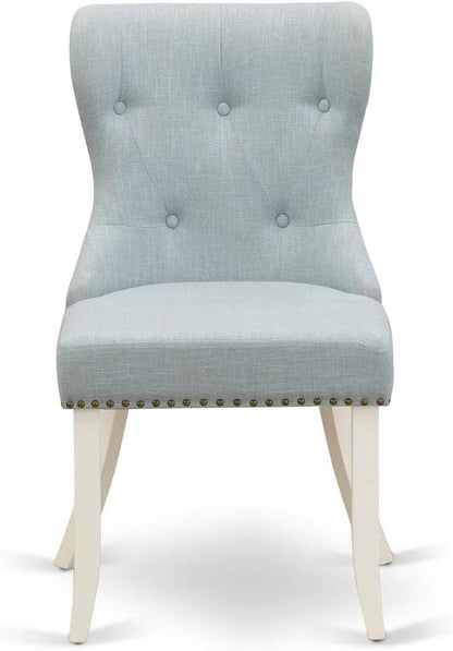 East West Furniture SIP2T15 Sion Parson Kitchen Button Tufted Nailhead Trim Baby Blue Fabric Upholstered Dining Chairs, Set of 2, Linen White - LeafyLoom