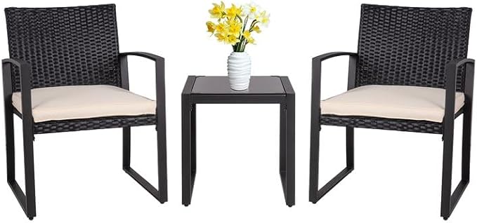 Shintenchi 3 Pieces Outdoor Patio Furniture Set Modern Black Wicker Bistro Set Rattan Chair Conversation with Coffee Table for Yard Porch Poolside Lawn(Beige) - LeafyLoom