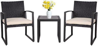 Shintenchi 3 Pieces Outdoor Patio Furniture Set Modern Black Wicker Bistro Set Rattan Chair Conversation with Coffee Table for Yard Porch Poolside Lawn(Beige) - LeafyLoom