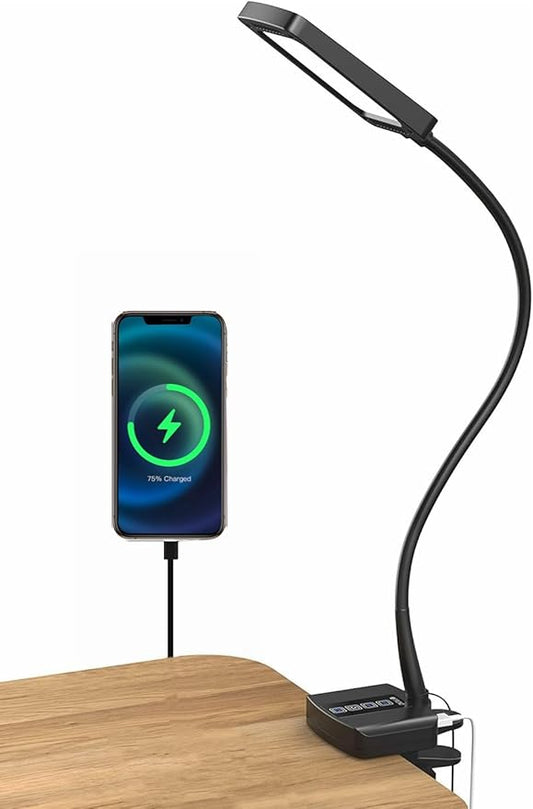 TROND Desk Lamp with Versatility Clamp, 1000LM Clip on Light, 5 Color Modes 5 Brightness Levels, Gooseneck Touch Control with USB Charging Port, 30 Mins Timer for Reading Craft Sewing Work Study Task - LeafyLoom