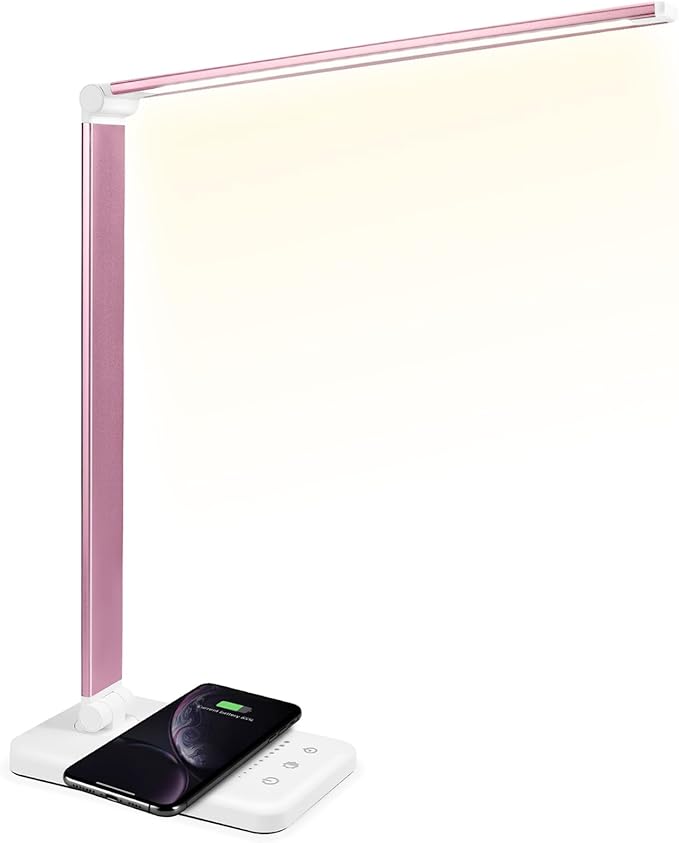 LED Desk Lamp with Wireless Charger, USB Charging Port, Desk Lighting with 10 Brightness, 5 Color Modes, Dimmable Eye Caring Reading Desk Lamps for Home Office, Touch Control, Auto Timer, Pink - LeafyLoom