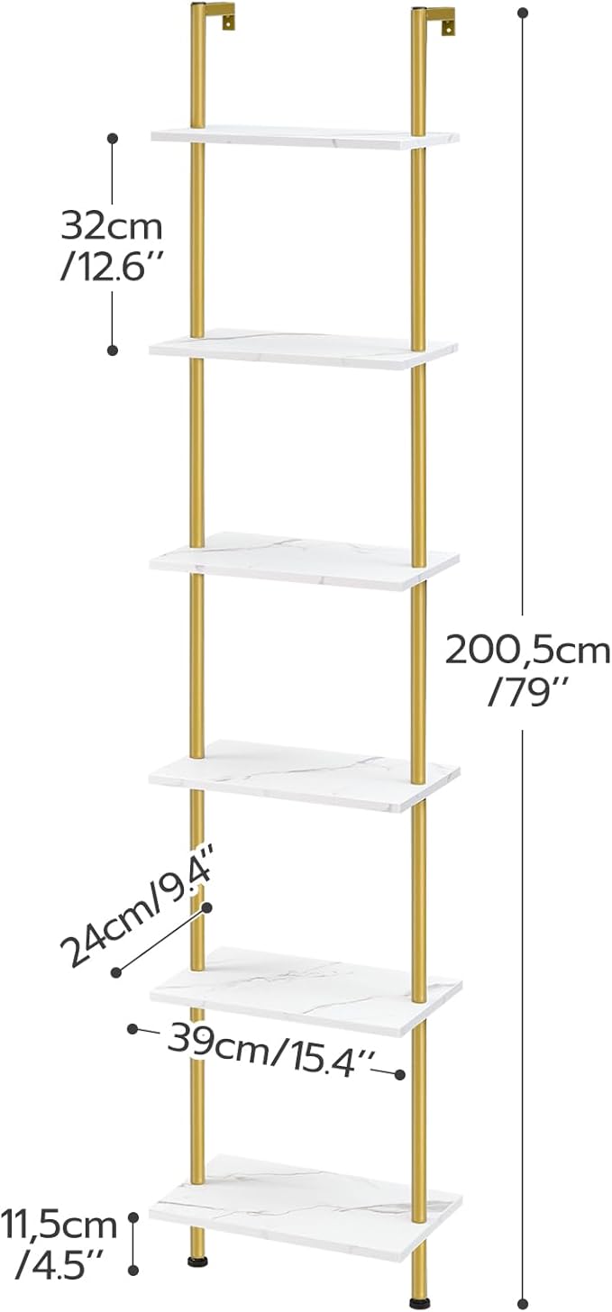 HOOBRO DIY Ladder Shelf, 6-Tier Wooden Wall Mounted Bookshelf, Narrow Gold Bookcase, Display Shelf, Storage Rack, Plant Stand, for Living Room, Bedroom, Study, Balcony, Marble and Gold DM651CJ01 - LeafyLoom