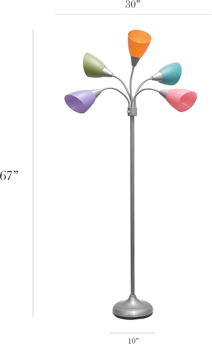 Simple Designs LF2006-SLM 67" Contemporary Multi Head Medusa 5 Light Adjustable Gooseneck Silver Floor Lamp with Fun Light Multicolored Shades for Kids Bedroom Playroom Living Room Office - LeafyLoom