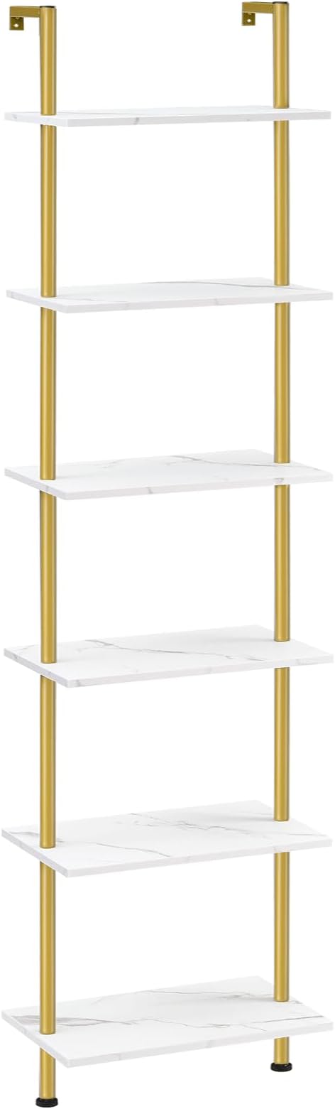 HOOBRO DIY Ladder Shelf, 6-Tier Wooden Wall Mounted Bookshelf, Narrow Gold Bookcase, Display Shelf, Storage Rack, Plant Stand, for Living Room, Bedroom, Study, Balcony, Marble and Gold DM651CJ01 - LeafyLoom