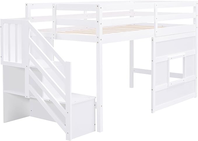 Twin Size Low Loft Bed with Storage Staircase,Kids Loft Bed Twin with Window,Space-Saving Low Loft Bed Frame for for Teens, Boys, Girls,White - LeafyLoom