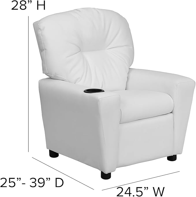 Flash Furniture Chandler Vinyl Kids Recliner with Cup Holder and Safety Recline, Contemporary Reclining Chair for Kids, Supports up to 90 lbs., White - LeafyLoom