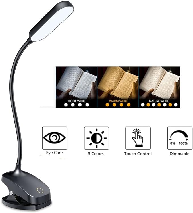 COLORLIFE Desk Lamp Clip On Light-7W 2600mAH Flexible Gooseneck Battery Operated Rechargeable Reading Lamp with Clamp & Stepless Brightness for Desk,Piano,Bed Headboard and Computers - LeafyLoom