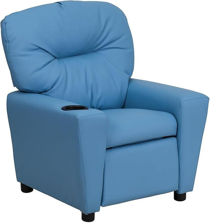 Flash Furniture Chandler Vinyl Kids Recliner with Cup Holder and Safety Recline, Contemporary Reclining Chair for Kids, Supports up to 90 lbs., Light Blue - LeafyLoom