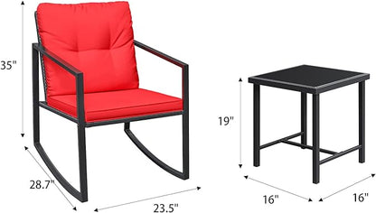 Greesum 3 Pieces Rocking Wicker Bistro Set, Patio Outdoor Furniture Conversation Sets with Porch Chairs and Glass Coffee Table, Red - LeafyLoom