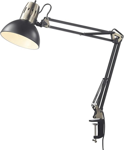 Globe Electric 62000009 32" Multi-Joint Desk Lamp with Metal Clamp, Matte Black, Antique Brass Accents, On/Off Rotary Switch on Shade, Partially Adjustable Swing Arm, Home Décor, Office Accessory - LeafyLoom