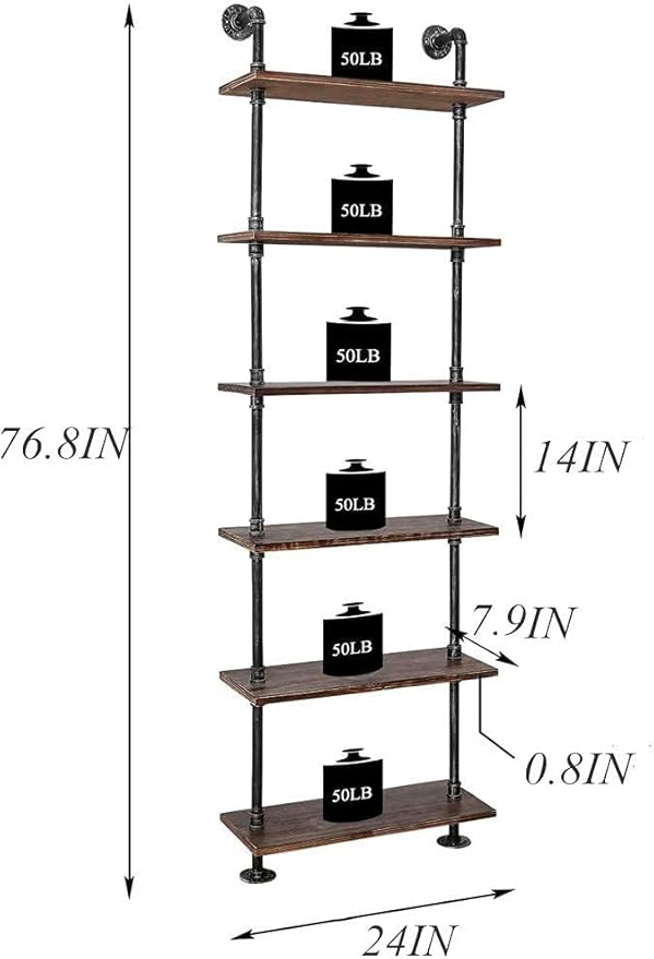 Industrial Pipe Bookshelves Rustic Wall Ladder Bookshelf Display Storage Stand Shelf Bookcase for Living Room, Kitchen, Office (6 Tier) - LeafyLoom