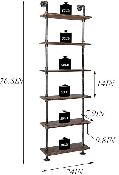 Industrial Pipe Bookshelves Rustic Wall Ladder Bookshelf Display Storage Stand Shelf Bookcase for Living Room, Kitchen, Office (6 Tier) - LeafyLoom