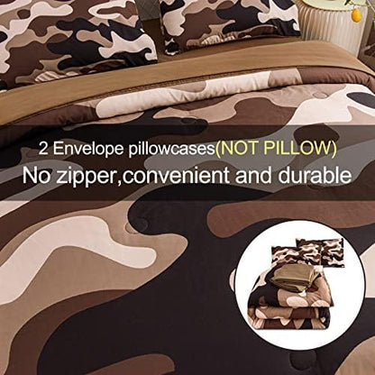 Meeting Story Camouflage Bedding Set, Colorful Pattern Style Comforter Set, 5 PCS One Comforter Two Pillowcases Two Sheets in One Bag, All Season Bedspread for Teens Adults (Coffee, Queen 5Pcs - LeafyLoom