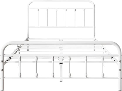 Vintage Full Size Bed Frame with Headboard and Footboard Mattress Heavy Duty Metal Platform Bed Frame Steel Slat Support (Full, White) - LeafyLoom