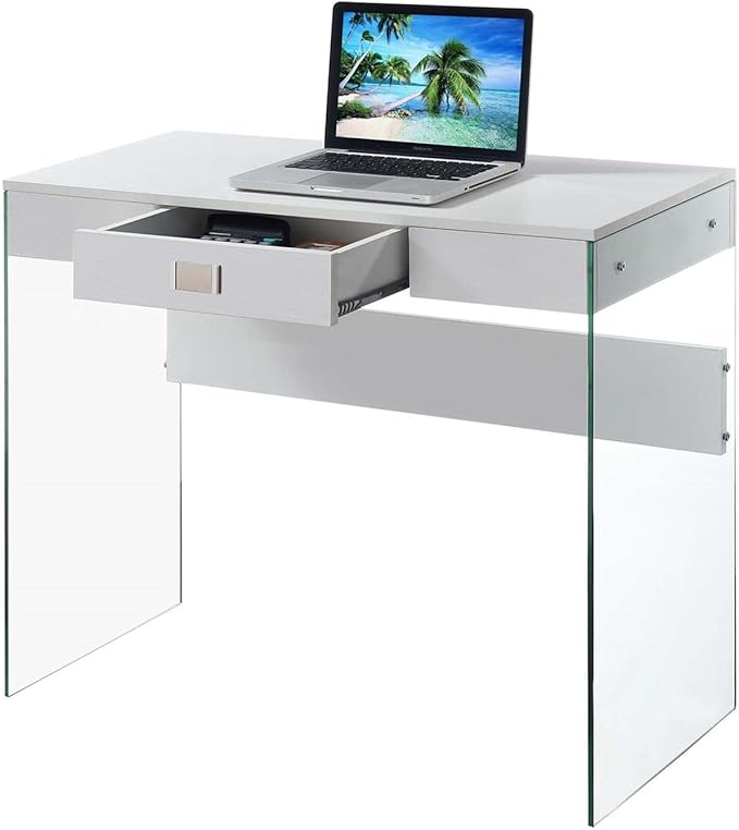 Convenience Concepts SoHo 1 Drawer Glass 36 inch Desk, White - LeafyLoom