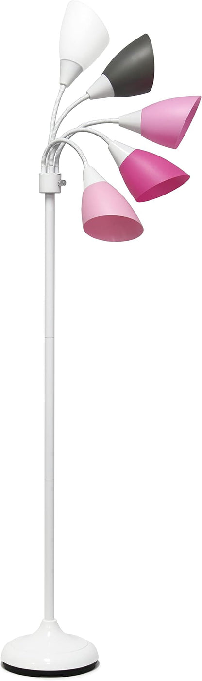 Simple Designs LF2006-WPG 67" Contemporary Multi Head Medusa 5 Light Adjustable Gooseneck White Floor Lamp with Pink, White, Gray Shades for Kids Bedroom Playroom Living Room Office, 30 x 10 x 67 - LeafyLoom