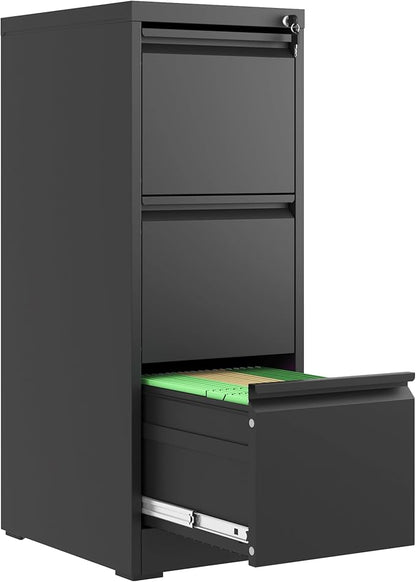 3 Drawer File Cabinet with Lock, Metal Vertical Filing Cabinets for Home Office, Steel Storage Cabinet for Hanging Legal/Letter Size Files, Assembly Required (Black) - LeafyLoom