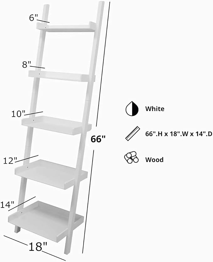 Kiera Grace Providence Hadfield 5 Tier Ladder Shelf Leaning Bookshelf Storage Rack for Home, Office, 18" x 67", White - LeafyLoom