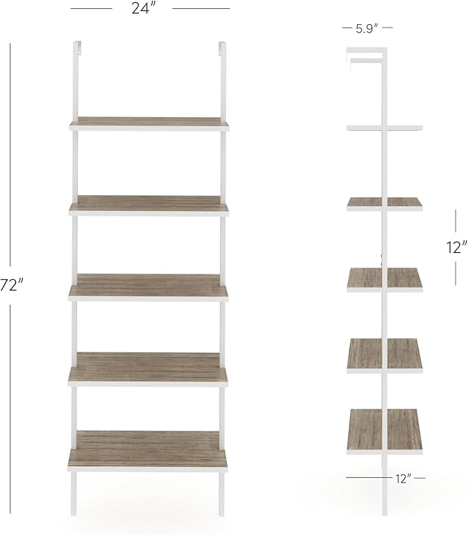 Nathan James Theo 5-Shelf Modern Bookcase, Open Wall Mount Ladder Bookshelf with Industrial Metal Frame, Gray Oak Wood/White - LeafyLoom