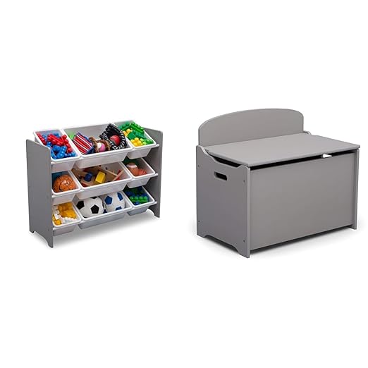 Delta Children MySize 9 Bin Plastic Toy Organizer - Greenguard Gold Certified, Grey & MySize Deluxe Toy Box - Greenguard Gold Certified, Grey - LeafyLoom