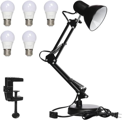 Led Desk Lamp with Clamp - Swing Arm Desk Lamp with 5 LED Cold Light Bulbs 6500K - Folding Table Lamp，Used for Office, Work, Study, Dormitory Reading and Eye Protection Desk Lamp (Black) - LeafyLoom