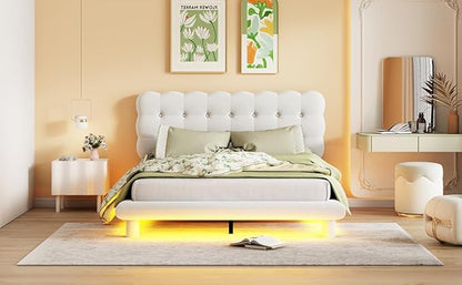 RITSU Queen Size Velvet Fabric Platform Bed, Solid Wood Bedframe with LED, Button Tufted Headboard, includes 16 Colors Lights Can Remote Control, No Box Spring Needed, Beige - LeafyLoom