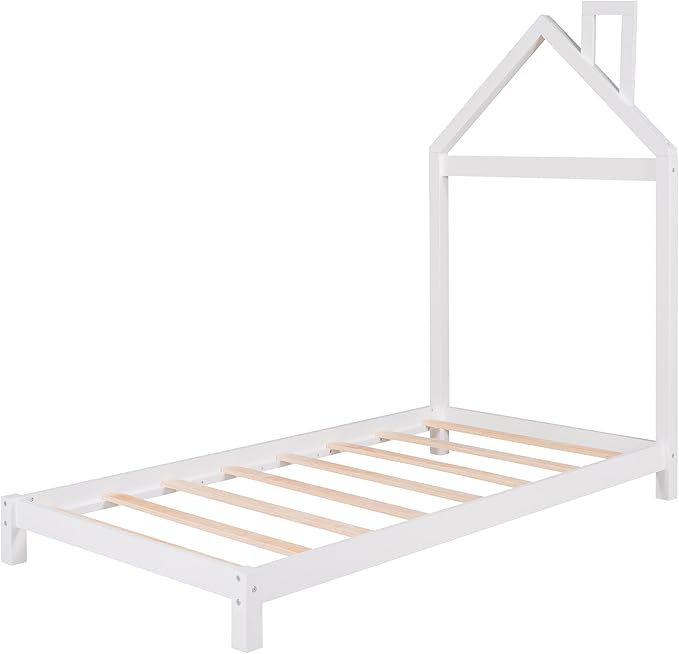 Twin Bed Frame/Kids Bed Frames with Headboard and Slats, Wood Platform Bed with House Shaped Headboard, Twin Size Bed for Kids, Boys, Girls, No Box Spring Needed(White) - LeafyLoom