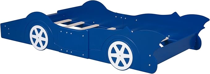 Car Shaped Toddler Bed with Wheels,Racecar Platform Beds W/Safety Guardrail,Slats Support,Stylish Design,Easy Assembly,Wood Twin Bedframe for Boys Toddlers Kids Teens Bedroom,Blue - LeafyLoom