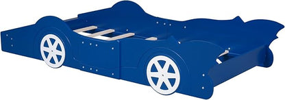 Car Shaped Toddler Bed with Wheels,Racecar Platform Beds W/Safety Guardrail,Slats Support,Stylish Design,Easy Assembly,Wood Twin Bedframe for Boys Toddlers Kids Teens Bedroom,Blue - LeafyLoom