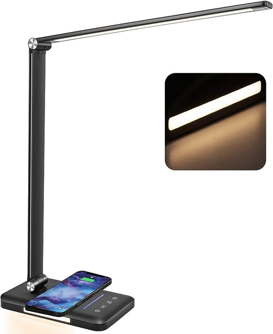 LED Desk Lamp with Night Light, Fast Wireless Charger, USB Charging Port, 10 Brightness, 5 Color Modes, Dimmable Bedside Table Lamp for Bedroom, Touch Control, Auto Timer, 1200Lux Super Bright - LeafyLoom