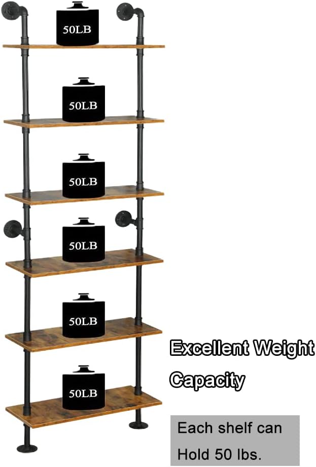 Industrial Pipe Shelving, 6-Tier Pipe Shelves Ladder Shelf, Modern Bookcase Wall Mount Bookshelf with Metal Frame, Book Shelves Wall Decor Wood Shelves for Home, Living Room, Office(23.6x9.8x78.8) - LeafyLoom